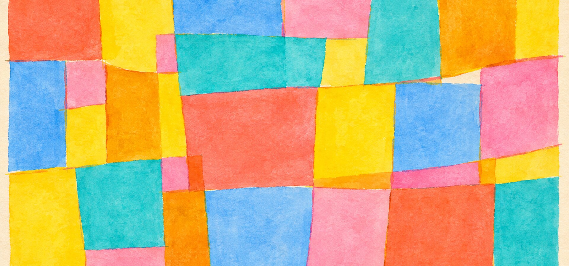 Abstract painting of bright colour blocks in coral, yellow, turquoise, blue and pink